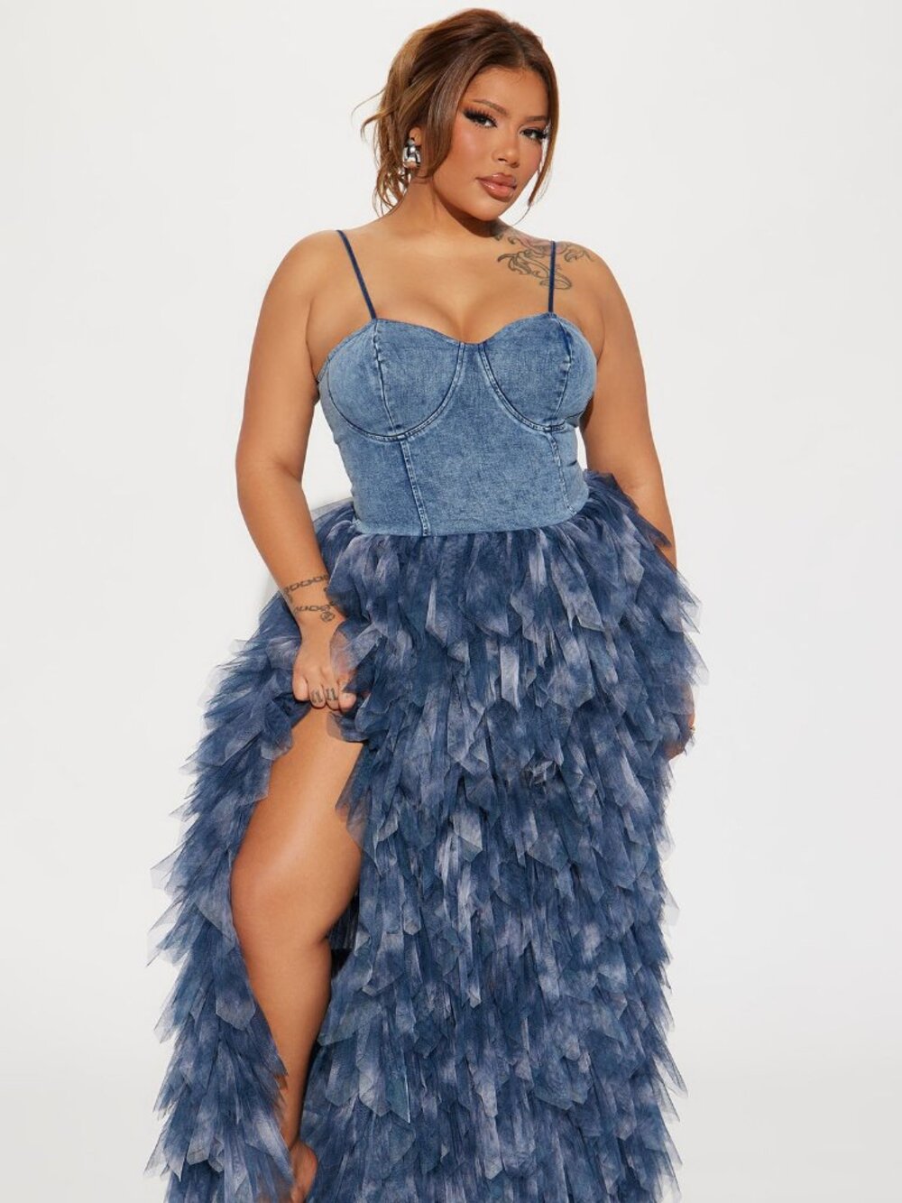 Fashion Nova Denim Corset Tulle Maxi Dress in Dusty Navy